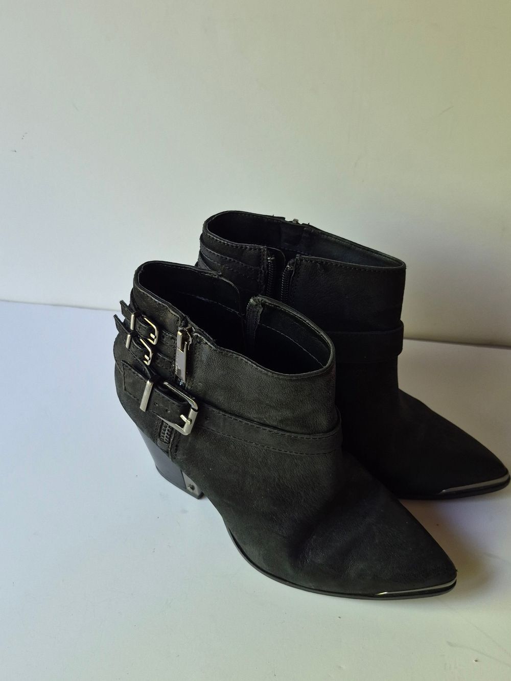 Franco Sarto Black Leather Pointed Buckle Ankle Boots - 7.5